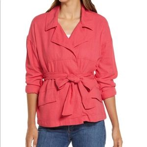 Calson Belted Linen Collar Jacket Red Coral